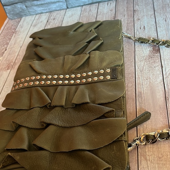 BE & D
Stud Embellished Leather Ruffle Bag, olive green with silver hardware